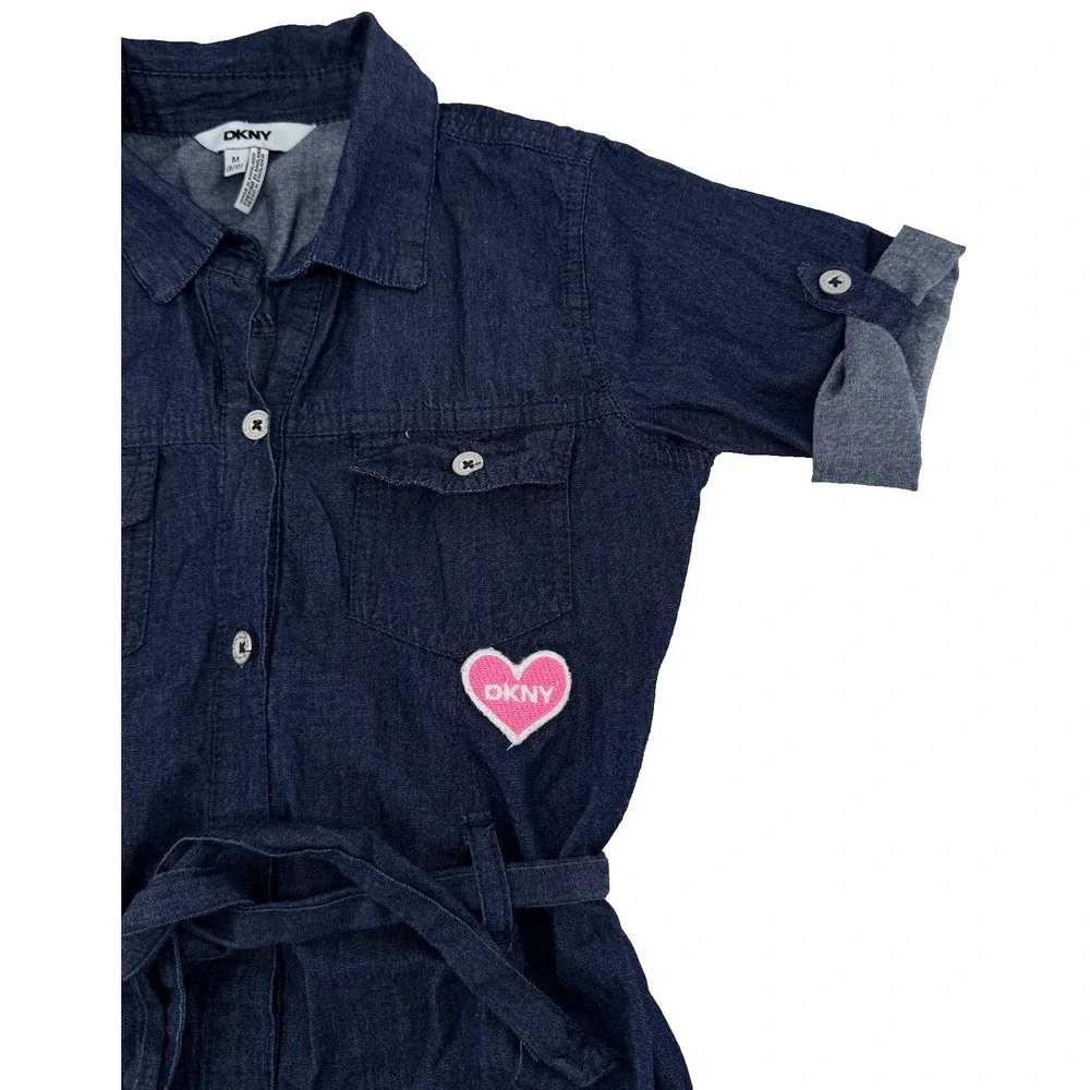DKNY Girls M‎ 8/10 Denim Shirt Dress Belted Button Front Butterfly Patch